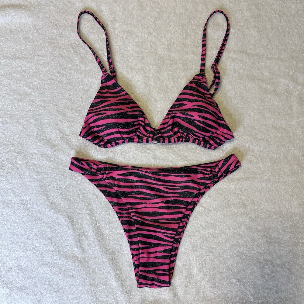 SHEIN NWOT Swim  Black‎ Pink Zebra Bikini Set Size Small  Adjustable Tie Top